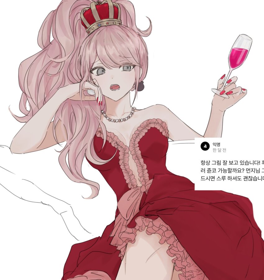 1girl alcohol bare_shoulders bear_earrings bow breasts brown_eyes crown cup danganronpa:_trigger_happy_havoc danganronpa_(series) danganronpa_10th_anniversary_costume dress drinking_glass earrings enoshima_junko frilled_dress frills gyaru highres hime_gyaru holding holding_cup jewelry large_breasts long_hair nail_polish open_mouth ponytail red_bow red_dress red_nails red_wine simple_background solo teeth tongue translation_request two-tone_dress ujuui_msmz white_background wine wine_glass
