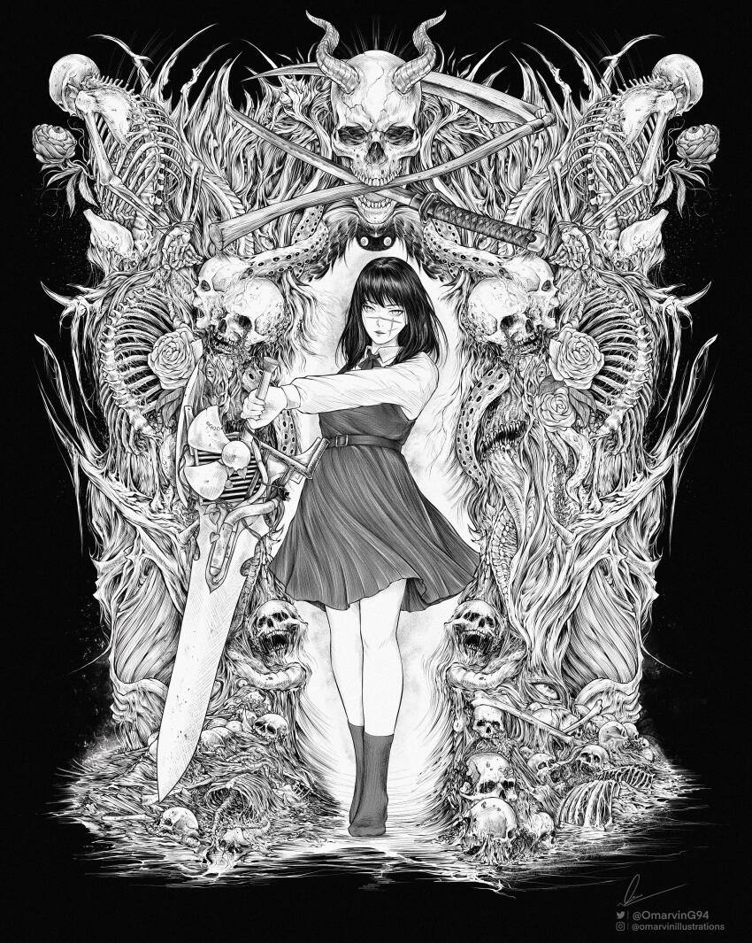 1girl absurdres artist_name black_background chainsaw_man collared_shirt cross_scar dress facial_scar flower fourth_east_high_school_uniform greyscale highres holding holding_sword holding_weapon horns instagram_logo instagram_username long_hair looking_at_viewer marvin_(omarvin) medium_hair monochrome neck_ribbon pinafore_dress ribbon scar scar_on_cheek scar_on_face scar_on_nose school_uniform scythe shirt signature simple_background skeleton skull sleeveless sleeveless_dress solo spine sword teeth tentacles twitter_logo twitter_username weapon white_shirt yoru_(chainsaw_man)