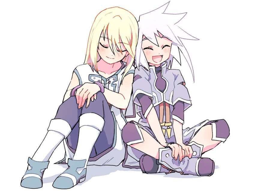 2boys azuma_yukihiko blonde_hair bracelet closed_eyes genius_sage highres jewelry lying_on_person male_focus medium_hair mithos_yggdrasill multiple_boys open_mouth short_sleeves sitting smile tales_of_(series) tales_of_symphonia trap white_hair yaoi