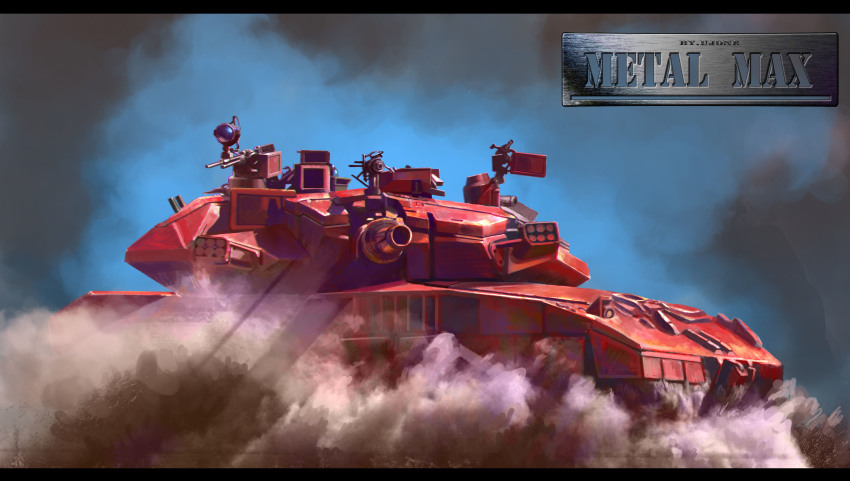 absurdres artist_request gun highres machine_gun metal_max military military_vehicle motor_vehicle no_humans sky smoke tank vehicle_focus weapon