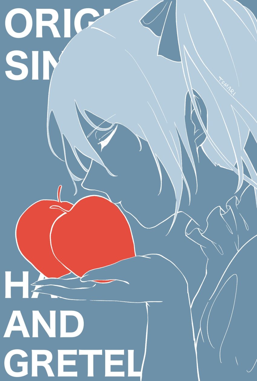 1girl apple aqua_background artist_name blue_hair character_name closed_eyes collar eve_moonlit evillious_nendaiki food frilled_collar frills from_side fruit hair_ribbon hatsune_miku highres holding holding_food holding_fruit juliet_sleeves kiss light_blue_hair limited_palette long_sleeves monochrome moonlit_bear_(vocaloid) muted_color profile puckered_lips puffy_sleeves apple ribbon solo spot_color tomari_drew twintails vocaloid