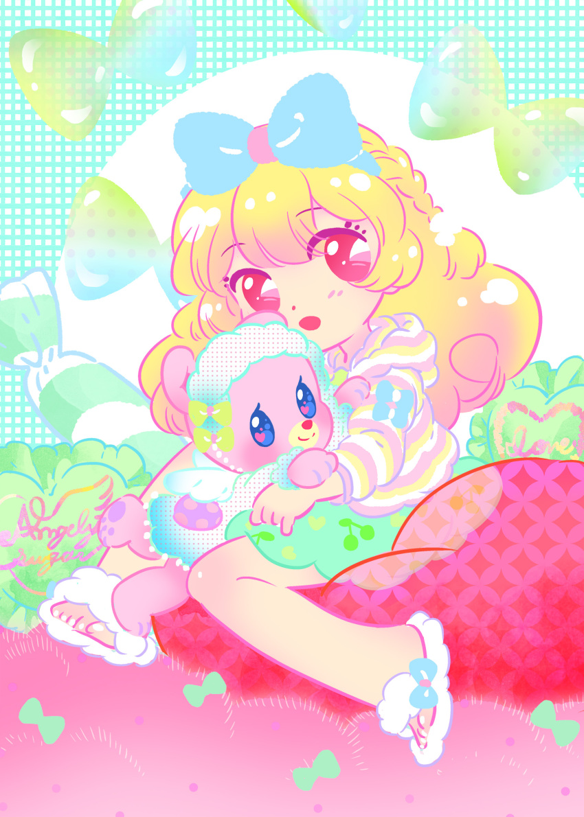 1girl absurdres aikatsu! aikatsu!_(series) angely_bear_(aikatsu) bare_legs blonde_hair blue_bow bow dot_nose english_text green_bow green_skirt hair_bow highres hood hood_down hoodie hoshimiya_ichigo kayo knee_up long_hair looking_at_viewer no_pupils open_mouth pink_hoodie print_skirt red_eyes sitting skirt slippers solo striped_clothes striped_hoodie stuffed_animal stuffed_toy teddy_bear two-tone_hoodie yellow_hoodie