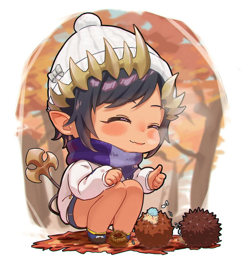 1girl absurdres alternate_costume autumn beanie black_hair blue_shoes blue_shorts blush brown_horns chibi chibi_only closed_eyes closed_mouth commentary_request demon_girl demon_horns demon_tail full_body hat hedgehog highres horns long_sleeves nanashi_inc. none_(fan_774) pointy_ears purple_scarf scarf shimamura_charlotte shoes short_hair shorts smile solo squatting sweater tail thumbs_up virtual_youtuber walnut white_hat white_sweater