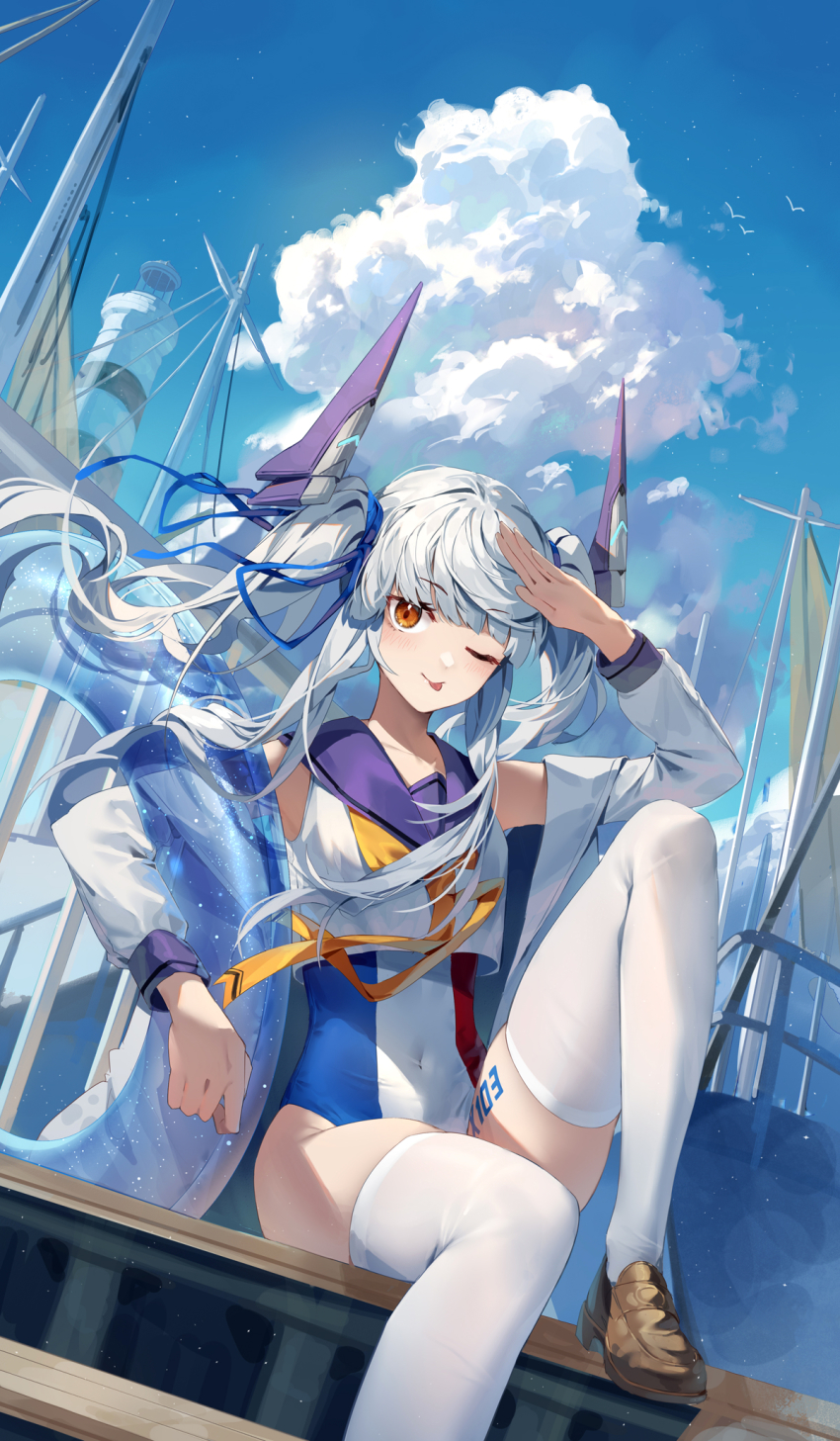 1girl blue_sky boat breasts cloud headgear highres ji_dao_ji le_fantasque_(warship_girls_r) lighthouse long_hair multicolored_swimsuit neckerchief one-piece_swimsuit one_eye_closed orange_eyes orange_neckerchief outdoors sailboat salute sitting sky small_breasts smile solo swimsuit swimsuit_under_clothes thighhighs tongue tongue_out twintails warship_girls_r watercraft white_hair white_thighhighs