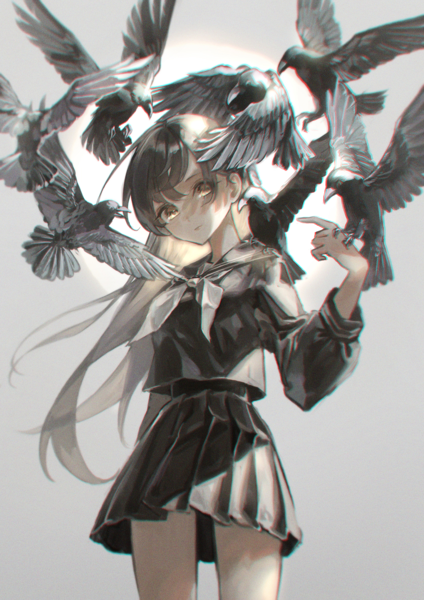 1girl bird bird_on_hand black_hair black_serafuku black_skirt brown_eyes brown_hair chromatic_aberration closed_mouth commentary_request cowboy_shot crow grey_background hand_up highres long_hair long_sleeves looking_at_viewer marutani neckerchief original pleated_skirt school_uniform serafuku simple_background skirt solo standing too_many too_many_birds white_neckerchief