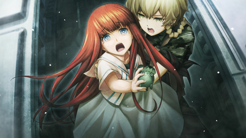 aged_down amane_suzuha amane_suzuha_(beta) ammunition_pouch arm_around_waist black_sash blue_dress blue_eyes blunt_bangs body_armor bow braid breasts brown_hair bulletproof_vest camouflage camouflage_shirt capri_pants child collar_tabs cropped_jacket crying crying_with_eyes_open digital_camouflage dress fg204 floating_hair game_cg green_pants green_shirt hair_rings high_collar highres holding holding_toy huke jacket load_bearing_vest long_hair long_sleeves looking_at_another looking_at_viewer medium_breasts military_combat_uniform military_fatigues military_uniform narrowed_eyes non-web_source official_art open_mouth pants pouch reaching reaching_towards_viewer red_collar_tabs red_hair restrained ringed_eyes sash screaming shiina_kagari shirt short_sleeves shouting soldier steins;gate steins;gate_0 tearing_up tears teeth tongue toy twin_braids twintails upa_(steins;gate) waist_bow waist_sash white_jacket woodland_camouflage yellow_eyes