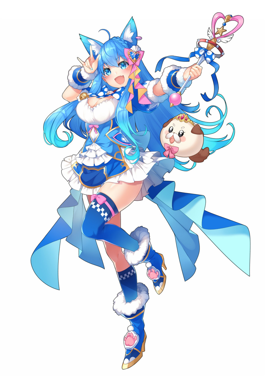1girl :d ahoge animal_ear_fluff animal_ears animare arm_up bell blue_boots blue_bow blue_dress blue_eyes blue_hair blue_nails blue_thighhighs boots bow braid breasts cleavage dress fang female_focus fox_shadow_puppet full_body fur-trimmed_boots fur-trimmed_sleeves fur_trim heart high_heel_boots high_heels highres holding holding_wand jingle_bell kokka_han large_breasts long_hair looking_at_viewer nail_polish nanashi_inc. open_mouth outstretched_arm pink_bow polka_dot polka_dot_bow puffy_short_sleeves puffy_sleeves short_sleeves simple_background smile solo souya_ichika thighhighs tiara very_long_hair virtual_youtuber wand white_background