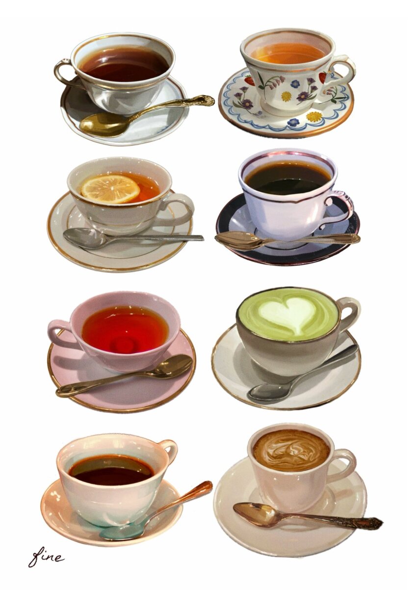 coffee commentary cup fine_9725 food food_focus fruit heart highres lemon lemon_slice no_humans object_focus original porcelain saucer signature simple_background spoon tea teacup utensil white_background