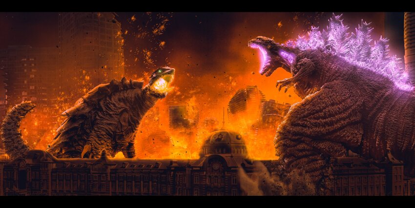 3d black_sky breath_weapon building city crossover daiei_film destruction embers energy energy_ball fire fireball gamera gamera_(series) gamera_3:_revenge_of_iris giant giant_monster glowing glowing_eyes glowing_mouth glowing_spikes godzilla godzilla_(series) godzilla_(shin) gonzo(u) green_eyes highres kaiju night open_mouth plasma plasma_bolt plasma_fireball plasmoid purple_eyes real_world_location sea_monster shin_godzilla sky skyscraper spikes tail toho tokyo_station train_station turtle turtle_shell tusks
