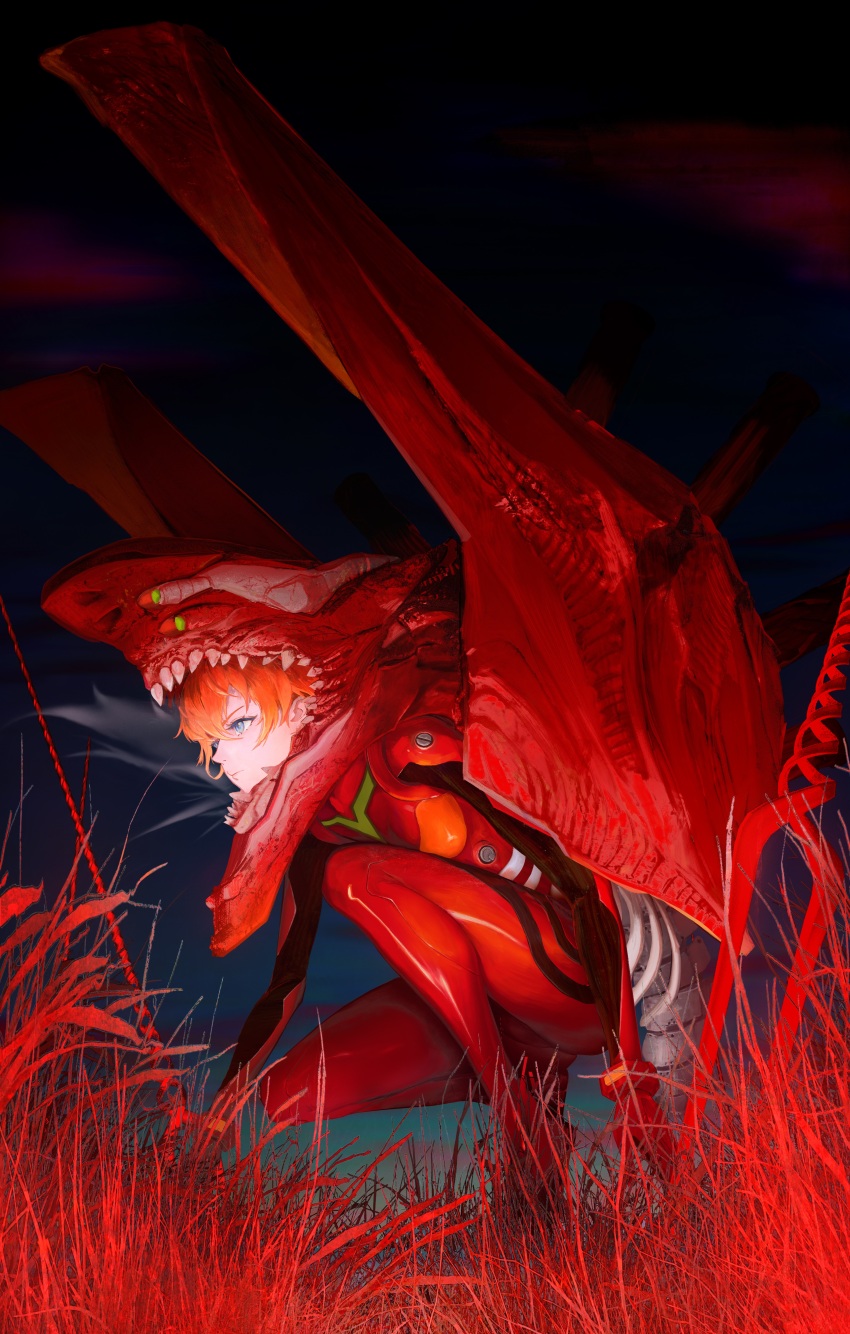 1girl absurdres blue_eyes bodysuit breasts breath evangelion_(mecha) from_side full_body glowing hair_between_eyes hesemoshi highres interface_headset_(evangelion) lance_of_longinus_(evangelion) mecha mecha_pilot_suit medium_breasts neon_genesis_evangelion night orange_hair outdoors planted plugsuit_(evangelion) polearm red_bodysuit robot science_fiction sharp_teeth sky solo souryuu_asuka_langley spear squatting teeth weapon