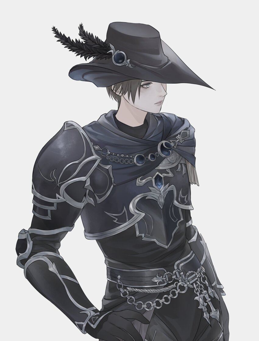 1girl absurdres androgynous armor astraea_010 black_capelet black_gloves black_hair black_hat breastplate capelet cowboy_shot final_fantasy final_fantasy_xiv gloves hand_on_own_hip hat hat_feather highres o-ring one_eye_covered pauldrons reverse_trap short_hair shoulder_armor simple_background single_pauldron solo standing tricorne white_background white_eyes zero_(ff14)