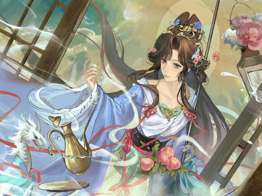 1girl absurdres black_eyes black_hair chinese_clothes dragon dutch_angle eastern_dragon floating_hair flower food fruit hair_bun hair_flower hair_ornament hanfu highres holding holding_food holding_fruit holding_lantern holding_tray jewelry jiu_niangzi jiu_niangzi_(blossom_spring_fairy) kettle lantern lattice long_hair looking_at_viewer necklace official_alternate_costume parted_bangs peach pink_flower purple_flower purple_hanfu reverse:1999 seal_impression skirt smoke snake solo tray upper_body very_long_hair wide_sleeves xiao_x yellow_background yellow_skirt