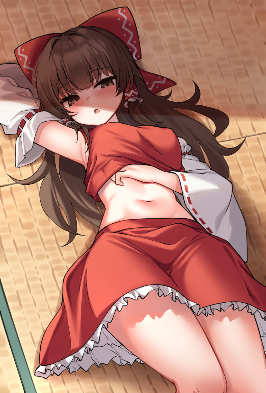 1girl absurdres arm_up armpits bare_shoulders bow breasts brown_eyes brown_hair crop_top detached_sleeves frilled_hair_tubes frilled_skirt frills hair_bow hair_tubes hakurei_reimu hand_on_own_stomach highres long_hair long_sleeves looking_at_viewer lying medium_breasts midriff navel on_back open_mouth red_shirt red_skirt shirt skirt sleeveless sleeveless_shirt solo stomach thighs touhou wide_sleeves ziro_(zirorong)