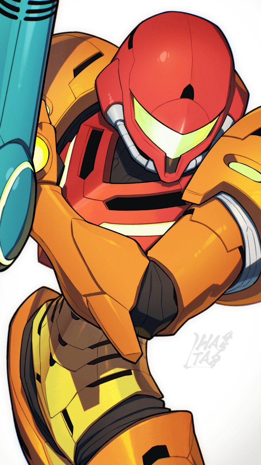 1girl arm_cannon armor assault_visor cowboy_shot green_visor hand_on_own_arm hata4564 helmet highres metroid nintendo power_armor power_suit_(metroid) samus_aran simple_background solo varia_suit weapon white_background
