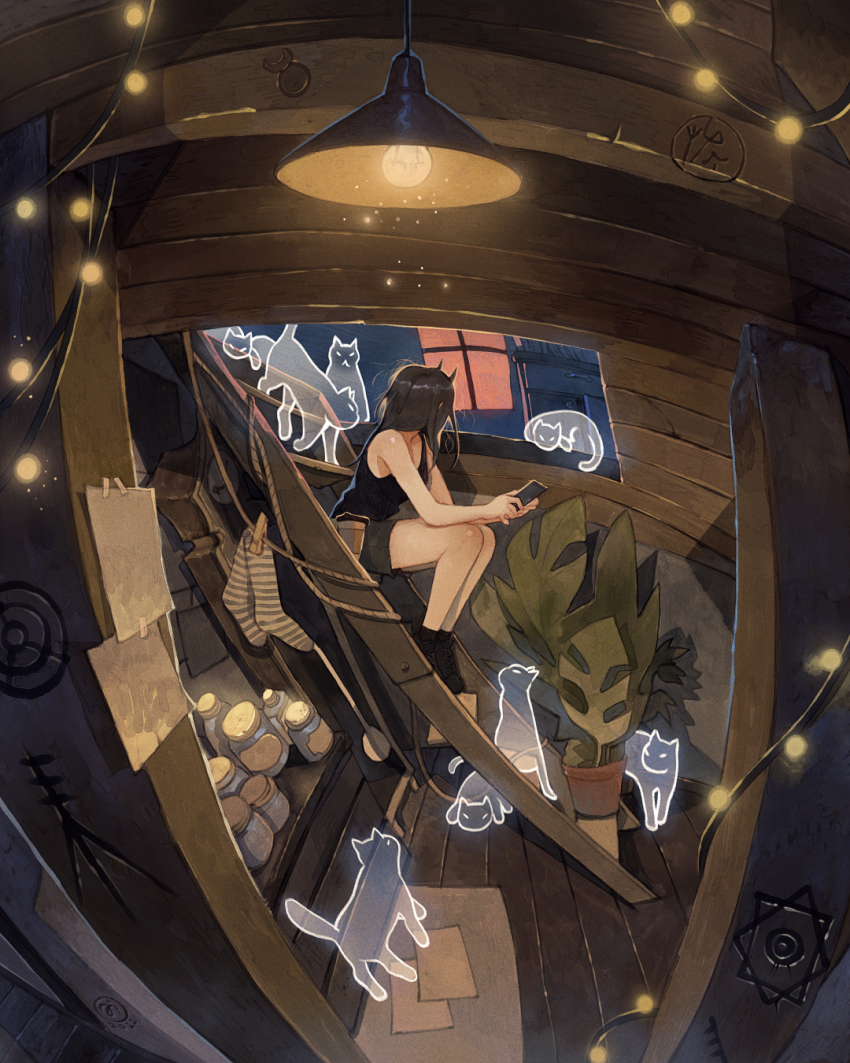 1girl arms_on_knees artist_logo attic bare_shoulders black_camisole black_shoes black_socks brown_hair camisole cat clock commentary cup dated disposable_coffee_cup disposable_cup fisheye from_side full_body ghost grandfather_clock grey_shorts hanging_light highres holding holding_phone indoors jar ladder leaning_forward light_particles logo long_hair looking_outside night on_ladder original phone plant potted_plant rope runes shoes shorts simz sitting small_horns socks solo string_of_light_bulbs too_many too_many_cats unworn_socks window wooden_floor wooden_wall