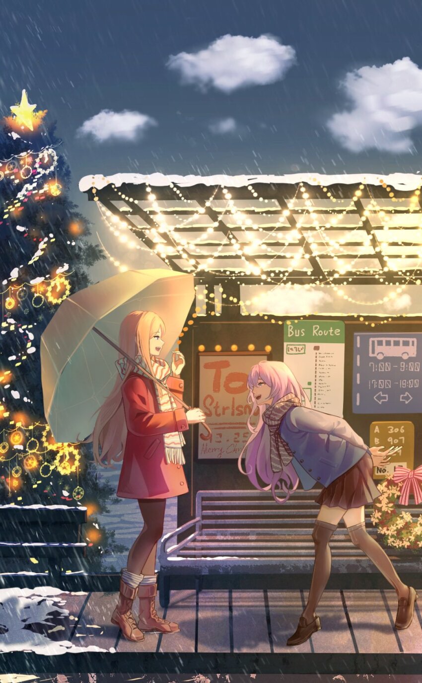 2girls arms_behind_back artist_request bang_dream! bang_dream!_it&#039;s_mygo!!!!! bench black_footwear black_pantyhose black_skirt black_thighhighs blue_eyes boots brown_footwear brown_hair brown_scarf bus_stop chihaya_anon chinese_commentary christmas_tree commentary_request commission grey_eyes grey_jacket highres jacket long_hair long_sleeves multiple_girls nagasaki_soyo open_mouth outdoors pantyhose pink_hair pleated_skirt rain red_jacket scarf second-party_source skirt snow striped_clothes striped_scarf teeth thighhighs upper_teeth_only wreath zettai_ryouiki