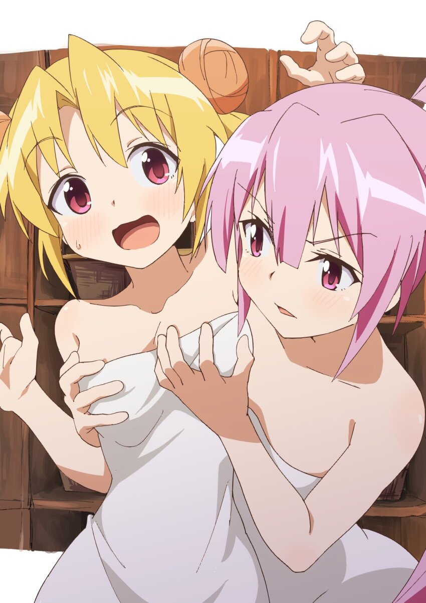 2girls blonde_hair blush collarbone double_bun grabbing_another&#039;s_breast groping hair_bun hide_yoshino highres hug hug_from_behind long_hair looking_at_another looking_at_viewer mm2_re multiple_girls naked_towel open_mouth pink_eyes pink_hair ponytail sengoku_otome tokugawa_ieyasu_(sengoku_otome) towel towel_around_waist yuri