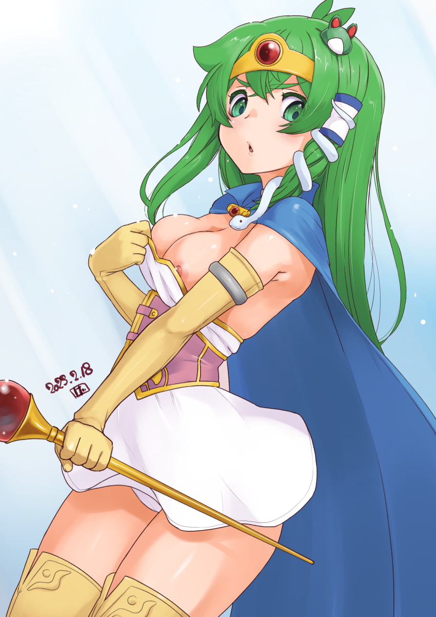 1girl antenna_hair blue_cape blush breasts cape circlet cleavage commentary_request corset cosplay cowboy_shot crossed_bangs dated dragon_quest dragon_quest_xi dress elbow_gloves frog_hair_ornament gem gloves green_eyes green_hair hair_ornament hair_tubes highres holding holding_staff kei_jiei kochiya_sanae large_breasts long_hair looking_at_viewer nipple_slip nipples open_mouth panties purple_corset red_gemstone senica_(dq11) senica_(dq11)_(cosplay) short_dress sidelocks single_hair_tube snake_hair_ornament solo staff strapless strapless_dress thighhighs touhou underwear white_dress white_panties yellow_gloves yellow_thighhighs