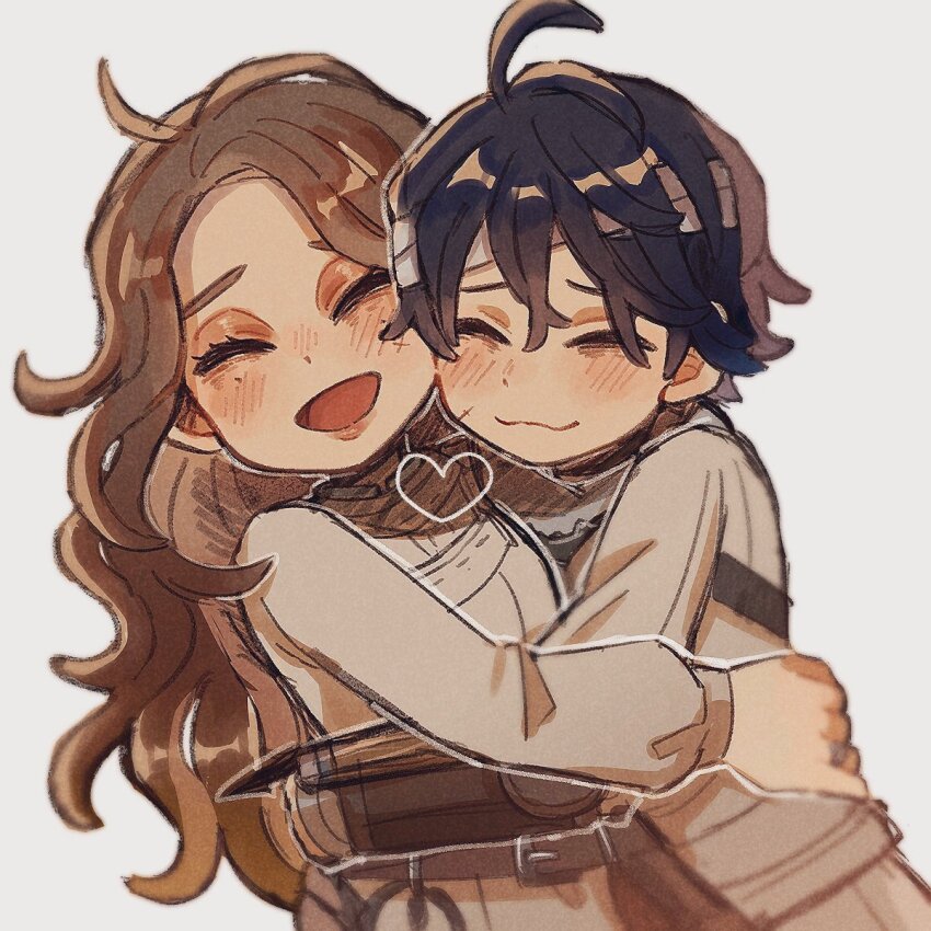 1boy 1girl :3 :d ^_^ ada_mesmer amedama094 bandaged_head bandages black_hair brown_hair closed_eyes closed_mouth couple dress emil_(identity_v) hair_between_eyes happy heart highres hug identity_v long_hair long_sleeves mutual_hug open_mouth shirt short_hair simple_background smile white_background white_dress white_shirt