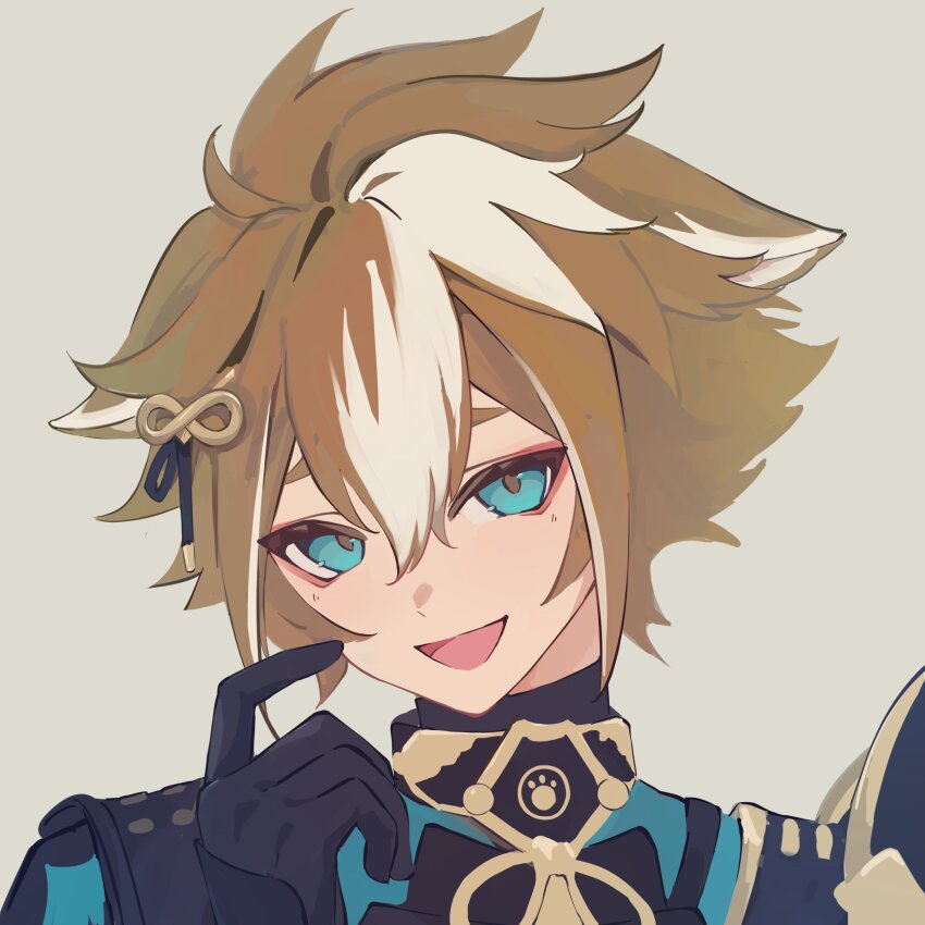 1boy absurdres black_gloves brown_hair dog_boy genshin_impact gloves gorou_(genshin_impact) green_eyes hair_between_eyes hair_ornament hair_ribbon hand_up highres looking_at_viewer male_focus multicolored_hair okakinako open_mouth ribbon short_hair simple_background smile solo streaked_hair upper_body white_background white_hair