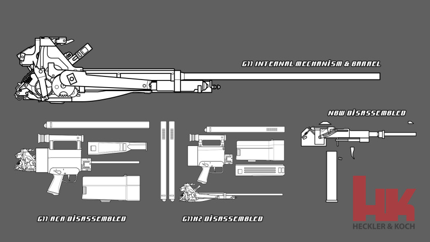 adobe_illustrator_(medium) advanced_combat_rifle_(military_program) advanced_individual_weapon_system_(military_program) advanced_infantry_weapon_system_(military_program) assault_rifle association_for_caseless_rifle_systems blueprint_(medium) bullpup carbine caseless_ammunition_rifle_system_(military_program) caseless_firearm diagram disassembly english_text gesellschaft_fur_hulsenlose_gewehrsysteme gun h&amp;k_acr h&amp;k_g11 h&amp;k_g11k2 h&amp;k_nbw handgun heckler_&amp;_koch high-capacity_magazine horizontal_magazine magazine_(weapon) no_humans original pdw-caliber_pistol personal_defense_weapon pistol richard_long rifle weapon weapon_focus weapon_name weapon_profile
