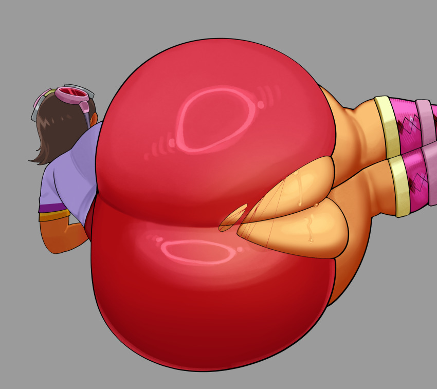 1girl ass ass_focus bike_shorts blush brown_hair emi_(fighting_vipers) facing_away female_focus fighting_vipers fighting_vipers_2 fiinel goggles goggles_on_head grey_background highres lying on_side pants pink_socks red_pants sega shirt_under_shirt short_hair simple_background skindentation socks sweat torn_clothes torn_pants