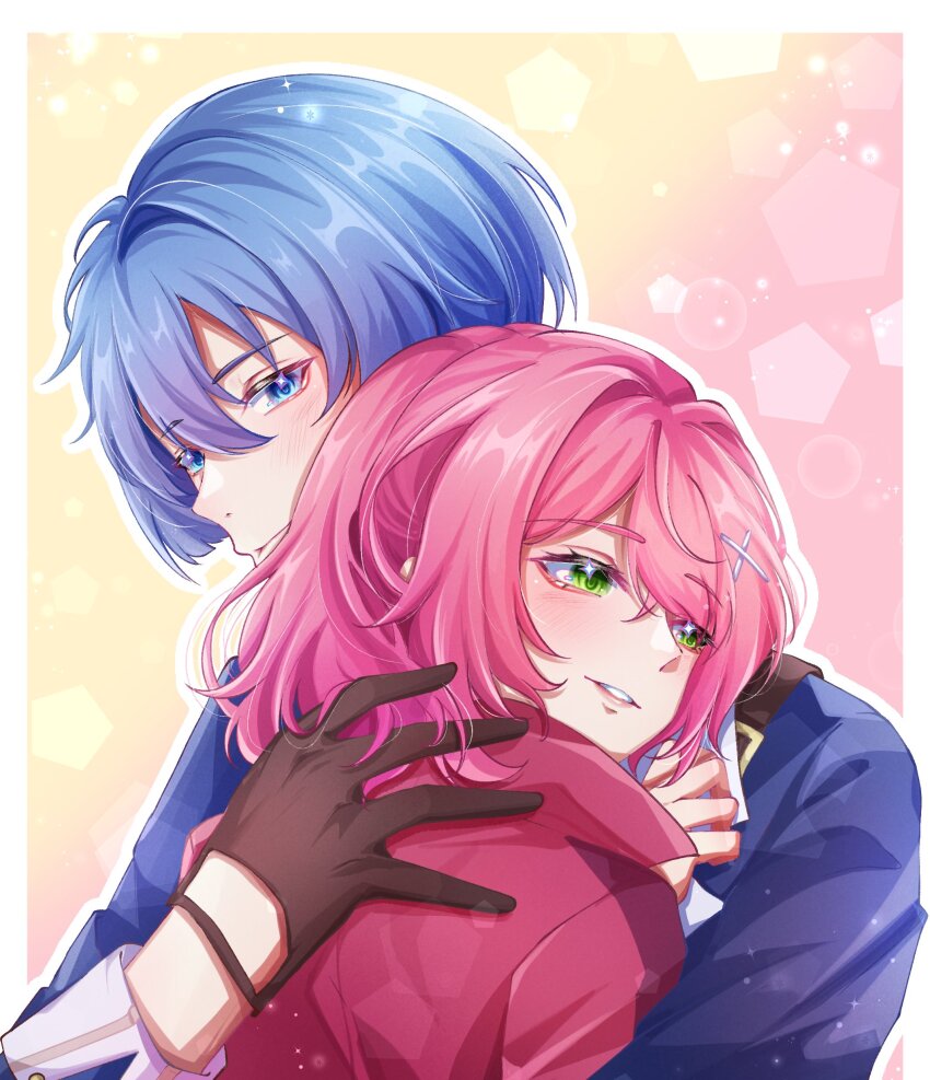 1boy 1girl absurdres artist_request blue_eyes blue_hair blush border brown_gloves commentary eiyuu_densetsu english_commentary glove_cutout gloves gradient_background green_eyes hair_between_eyes hexagon highres hug juna_crawford kurt_vander parted_bangs pink_hair second-party_source sen_no_kiseki sen_no_kiseki_(series) sen_no_kiseki_iv short_hair simple_background two-tone_background white_border