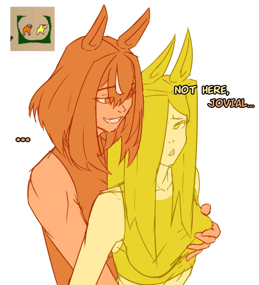 ... 2girls animal_ears assertive_female bare_shoulders blonde_hair bob_cut breasts collarbone colored_skin commentary commentary_typo english_commentary english_text grabbing_another&#039;s_breast grabbing_from_behind grin groping hair_between_eyes hair_over_one_eye half-closed_eyes highres horse_ears horse_girl horse_race_tests inverted_bob ipol jovial_merryment lightning_strikes_thrice long_hair long_sidelocks looking_at_another medium_breasts multiple_girls orange_eyes orange_hair orange_skin orange_tank_top parted_bangs short_hair sidelocks simple_background single_hair_streak smile spoken_ellipsis sports_bra sportswear talking tank_top triangle_mouth white_background yellow_eyes yellow_skin yellow_sports_bra yuri