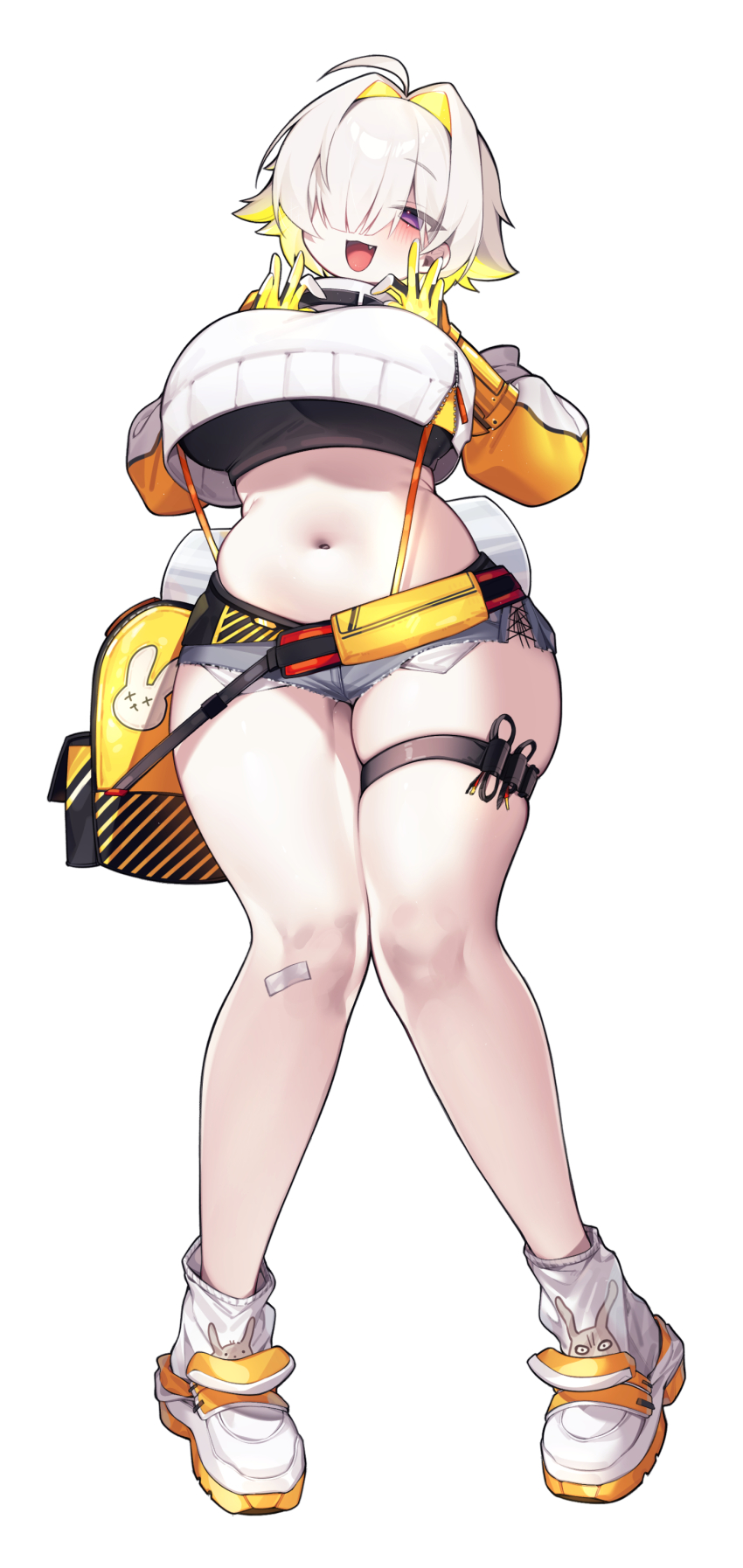 1girl absurdres bandaid bandaid_on_knee bandaid_on_leg blonde_hair breasts cropped_sweater curvy elegg_(nikke) fang full_body gloves goddess_of_victory:_nikke grey_shorts hair_intakes hair_over_eyes highres large_breasts looking_at_viewer medium_hair micro_shorts multicolored_hair navel open_mouth plump purple_eyes sen_light shorts simple_background smile socks solo standing suspender_shorts suspenders sweater thick_thighs thighs white_background white_footwear white_socks white_sweater wide_hips yellow_gloves