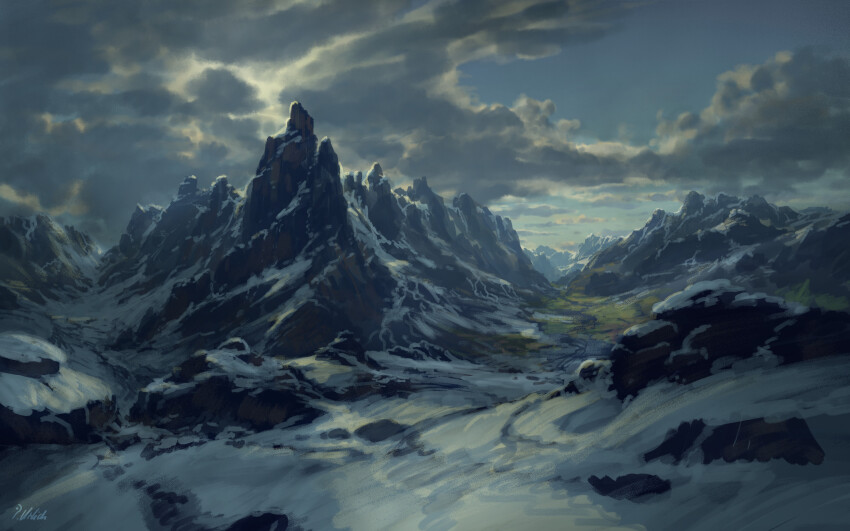 absurdres cloud cloudy_sky commentary day english_commentary highres landscape mountain no_humans original outdoors philipp_urlich scenery signature sky snow
