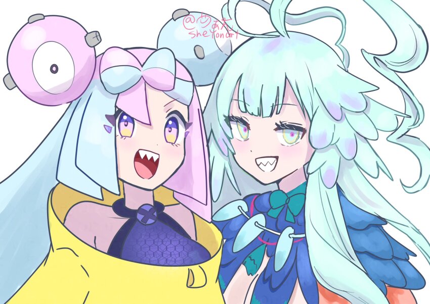2girls ahoge aqua_eyes aqua_hair bare_shoulders blue_hair blush bow bow-shaped_hair breasts character_hair_ornament dress fate/grand_order fate_(series) feathers grey_dress grin hair_ornament harpy highres iono_(pokemon) jacket jewelry large_breasts light_blue_hair long_hair long_sleeves looking_at_viewer louhi_(fate) louhi_(third_ascension)_(fate) medium_breasts monster_girl multicolored_hair multiple_girls necklace nintendo open_mouth pink_hair pokemon pokemon_sv purple_eyes sharp_teeth sheyona sidelocks smile split-color_hair teeth twintails two-tone_hair winged_arms wings yellow_jacket