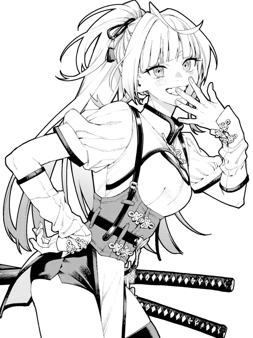 1girl :d belt blunt_bangs breast_cutout breasts china_dress chinese_clothes corset dress gokurakugai hair_ribbon hand_on_own_face hand_on_own_hip highres katana lips looking_at_viewer nei_takarai_(gokurakugai) official_art open_mouth pelvic_curtain ponytail puffy_sleeves ribbon sano_yuuto shorts sidelocks single_thighhigh smile solo sword tassel thighhighs thighs third-party_edit third-party_extraction third-party_source weapon wrist_guards