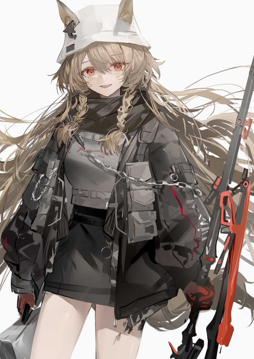 1girl absurdres animal_ears arknights arm_pouch black_jacket black_skirt braid breasts briefcase brown_hair bucket_hat ceobe_(arknights) ceobe_(unfettered)_(arknights) chain commentary cowboy_shot dog_ears dog_girl dog_tail ears_through_headwear english_commentary floating_hair gloves hair_between_eyes hat highres holding holding_briefcase holding_staff jacket long_hair looking_at_viewer luozhou_pile medium_breasts miniskirt official_alternate_costume open_clothes open_jacket open_mouth orange_eyes orca_hair_ornament pencil_skirt red_gloves side_braids simple_background skirt smile solo staff standing tail twin_braids very_long_hair white_background white_hat