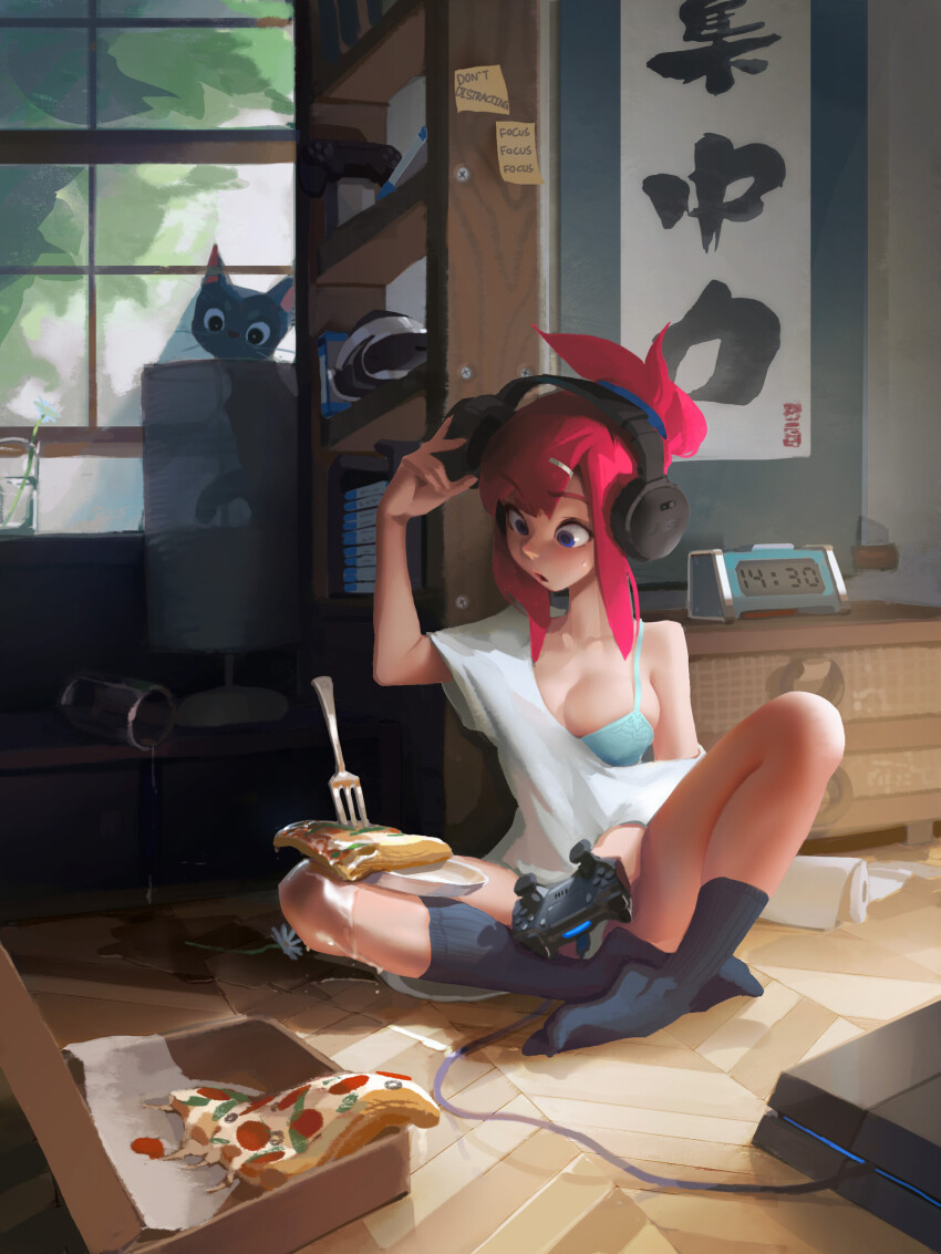 1girl absurdres artist_name black_cat black_socks blue_bra blue_eyes bo_xun_lin bra breasts cat cleavage clock controller drawer dualshock flower food fork game_console game_controller gamepad hair_bun hair_ornament hairclip headphones highres large_breasts long_hair off-shoulder_shirt off_shoulder on_floor open_mouth original paper_towel partially_immersed pepperoni pink_hair pizza playstation_4 playstation_controller ponytail red_hair shelf shirt single_hair_bun sitting socks solo underwear white_flower white_shirt window
