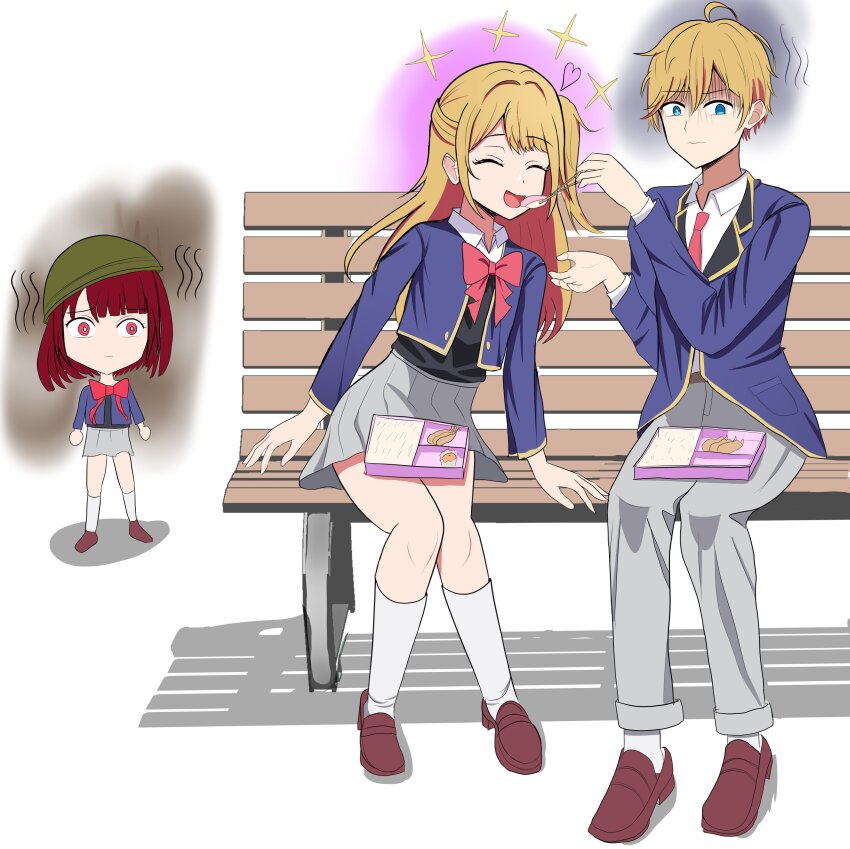 1boy 2girls absurdres arima_kana bench bento bob_cut happy highres hoshino_aquamarine hoshino_ruby multiple_girls oshi_no_ko school_uniform self-upload sitting star-shaped_pupils star_(symbol) staring surprised symbol-shaped_pupils thousand traumatized yard yissou_art youtou_high_school_uniform