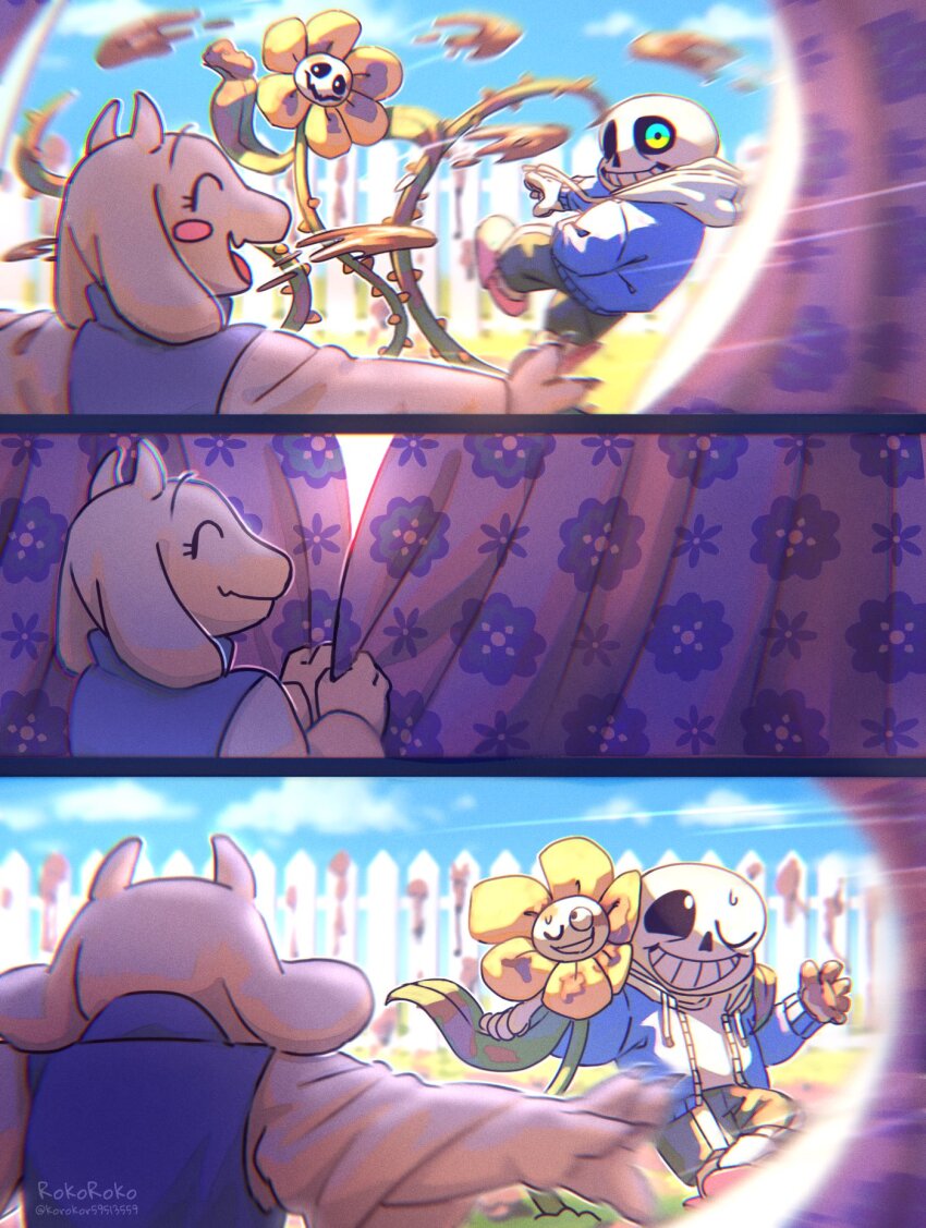 1boy 1girl 1other artist_name black_shorts blue_jacket blush closed_eyes closed_mouth cloud curtains day dress evil_smile fighting flower flowey_(undertale) glowing glowing_eye goat_girl highres hood hood_down hooded_jacket jacket korokor59513559 one_eye_closed outdoors sans_(undertale) shirt shorts skeleton sky smile teeth toriel twitter_username undertale white_dress white_shirt