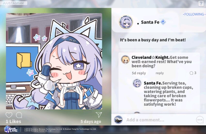 2girls :3 azur_lane blue_hairband blue_panties blush_stickers breasts chibi cleavage cleveland_(azur_lane) commentary computer_keyboard curtains english_commentary english_text hair_ornament hairband highres indoors large_breasts long_hair long_sleeves looking_at_viewer mole mole_under_eye monitor multiple_girls nejikirio no_nose o-ring official_art open_mouth panties puff_of_air puffy_long_sleeves puffy_sleeves santa_fe_(azur_lane) side-tie_panties sideboob smile star-shaped_pupils star_(symbol) symbol-shaped_pupils teeth turtleneck underwear upper_teeth_only very_long_hair window