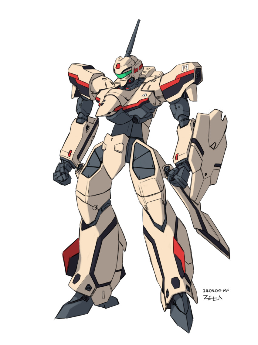 2024 battroid clenched_hands commentary_request dated energy_cannon exposed_internal_machinery green_visor highres korean_commentary macross macross_plus mecha mecha_focus no_humans robot science_fiction shield signature u.n._spacy white_background yf-19 z006