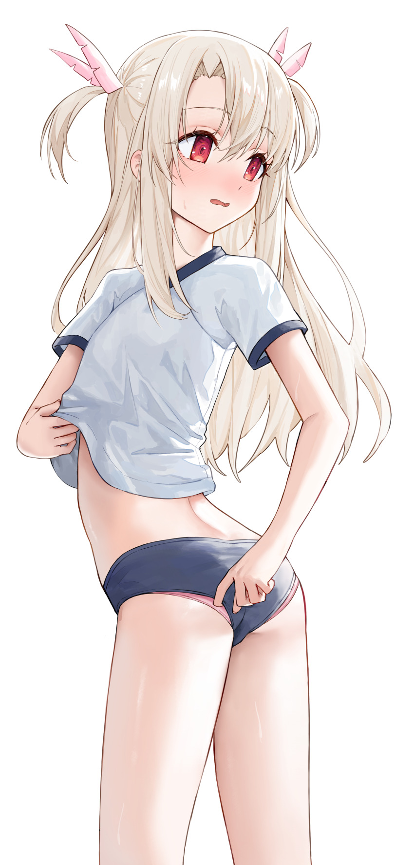 1girl absurdres adjusting_buruma adjusting_clothes ass blush buruma commentary embarrassed fate/kaleid_liner_prisma_illya fate_(series) gym_uniform highres illyasviel_von_einzbern kaze_22 long_hair panties panty_peek parted_lips pink_panties red_eyes shirt simple_background solo twisted_torso two_side_up underwear white_background white_hair