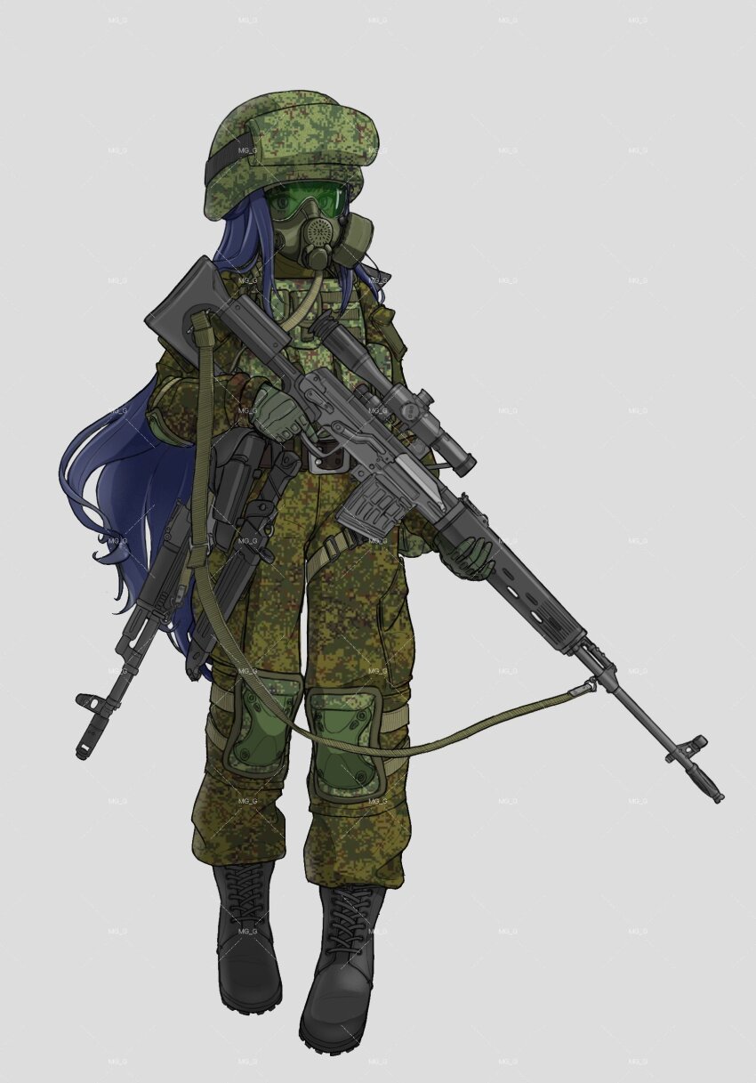 1girl ak-74m assault_rifle bayonet blue_hair boots camouflage combat_boots combat_helmet commentary commission digital_camouflage dragunov_svd english_commentary expressionless gas_mask gloves green_gloves green_hat green_jacket green_pants grey_background gun hat helmet highres holding holding_gun holding_weapon jacket kalashnikov_rifle lace-up_boots long_hair looking_at_viewer mask mg_g military_combat_uniform military_uniform original pants pants_tucked_in rifle russian_ground_forces sniper_rifle solo trigger_discipline very_long_hair weapon