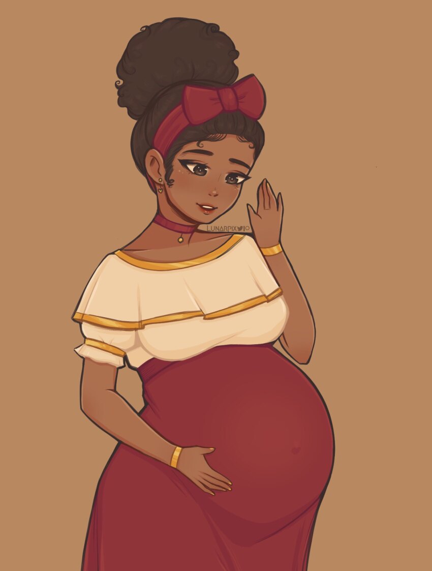 1girl artist_name belly big_belly bow breasts brown_hair commentary dark-skinned_female dark_skin dolores_madrigal dress encanto english_commentary hair_bow hair_bun hand_on_own_stomach highres lunarpix_(artist) navel open_mouth outie_navel pregnant single_hair_bun solo stomach