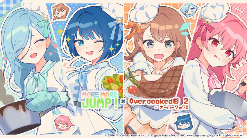 4girls :q blue_background blue_neckerchief border bowl brown_hair chestnut_mouth chibi commentary_request cooking_pot copyright_notice emphasis_lines flying_sweatdrops grey_eyes grid_background hanasato_minori hat highres hinomori_shizuku holding holding_bowl holding_cooking_pot holding_plate jacket kiritani_haruka long_sleeves looking_at_viewer mini_hat momoi_airi more_more_jump!_(project_sekai) multiple_girls neckerchief official_art one_eye_closed open_mouth orange_background orange_skirt outline oven_mitts pink_background pink_eyes pink_hair pink_neckerchief plaid_background plaid_clothes plaid_skirt plate pleated_skirt pointing pointing_at_self polka_dot polka_dot_background project_sekai salad signature skirt smile sparkle speech_bubble thighhighs tongue tongue_out upper_body waka_(wk4444) white_jacket