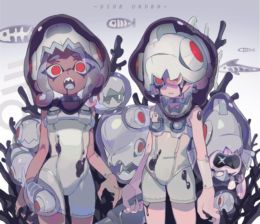 1boy 1girl agent_8_(splatoon) battering_lento bodysuit breasts choker clenched_teeth copyright_name cowboy_shot crying crying_with_eyes_open dark-skinned_female dark_skin detached_sleeves drone drooling fingernails grey_choker grey_hair grey_tongue highres holding holding_weapon jelleton looking_at_viewer marching_andante medium_hair nintendo non-humanoid_robot octoling octoling_boy octoling_girl octoling_player_character open_mouth order_splatana_(splatoon) paint_splatter parted_bangs pearl_(splatoon) pearl_drone_(splatoon) red_eyes robot see-through_clothes see-through_sleeves sharp_fingernails sharp_teeth short_hair single_detached_sleeve sleeveless sleeveless_bodysuit slit_pupils splatoon_(series) splatoon_3 splatoon_3:_side_order swarming_languendo tears teeth tentacle_hair weapon white_bodysuit yakiyori_0001