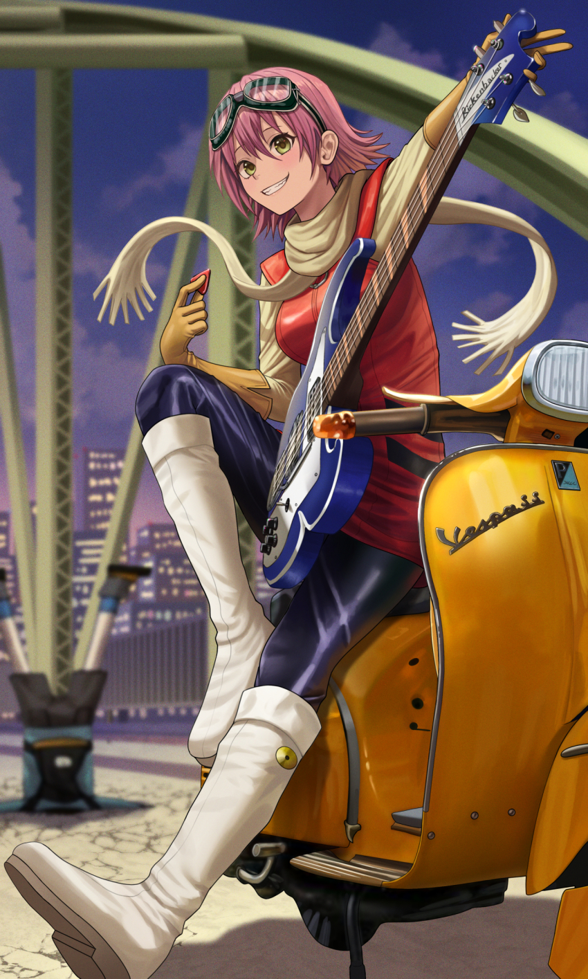 1boy 1girl bass_guitar blue_hoodie blush breasts bridge cityscape flcl gloves goggles goggles_on_head green_eyes guitar haruhara_haruko highres hood hoodie instrument looking_at_viewer motor_vehicle nandaba_naota on_scooter outdoors pink_hair rickenbacker rickenbacker_4001 scarf scooter short_hair shorts silvertsuki smile vespa yellow_eyes