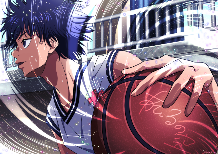 1boy absurdres ahiru_no_sora ball basketball basketball_(object) basketball_jersey black_eyes black_hair highres indoors isami_don kurumatani_sora male_focus motion_blur railing solo spiked_hair sweat