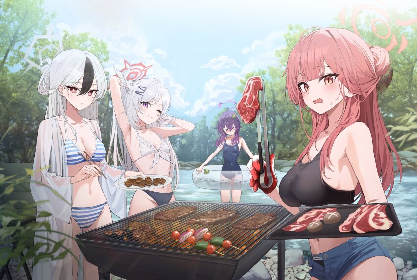 &gt;_&lt; 4girls ;) absurdres aru_(blue_archive) bikini black_bikini black_hair blue_archive blue_one-piece_swimsuit blue_sky blush breasts brochette commentary_request cooking denim denim_shorts food grill grilling halo haruka_(blue_archive) highres holding holding_swim_ring innertube kayoko_(blue_archive) large_breasts long_hair looking_at_viewer meat medium_breasts midriff mismatched_bikini multicolored_hair multiple_girls mutsuki_(blue_archive) nagul navel one-piece_swimsuit one_eye_closed open_mouth orange_eyes outdoors problem_solver_68_(blue_archive) purple_eyes purple_halo raw_meat red_eyes red_hair red_halo river shorts sky small_breasts smile striped_bikini striped_clothes swim_ring swimsuit two-tone_hair unbuttoned very_long_hair white_bikini white_hair white_halo