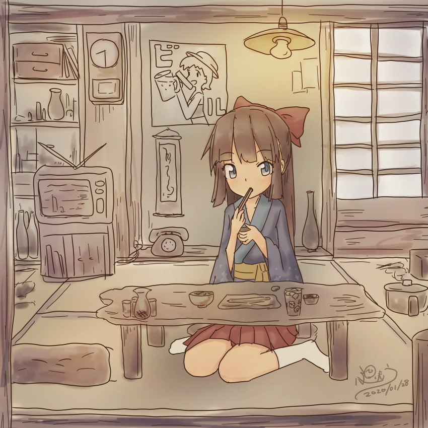 1girl 2020 20s absurdres antique_phone attan_(irohiza) blue_eyes blue_kimono blush bow bowl brown_hair ceiling_light chopsticks clock collarbone cooking_pot cup dated drink eating floral_print food hair_bow hakama highres holding holding_chopsticks ice ice_cube irohiza january japanese_clothes kimono long_hair long_sleeves looking_at_viewer obi original phone plate poster_(object) print_kimono red_bow red_hakama rotary_phone sash sitting sliding_doors socks table television vase white_socks wide_sleeves