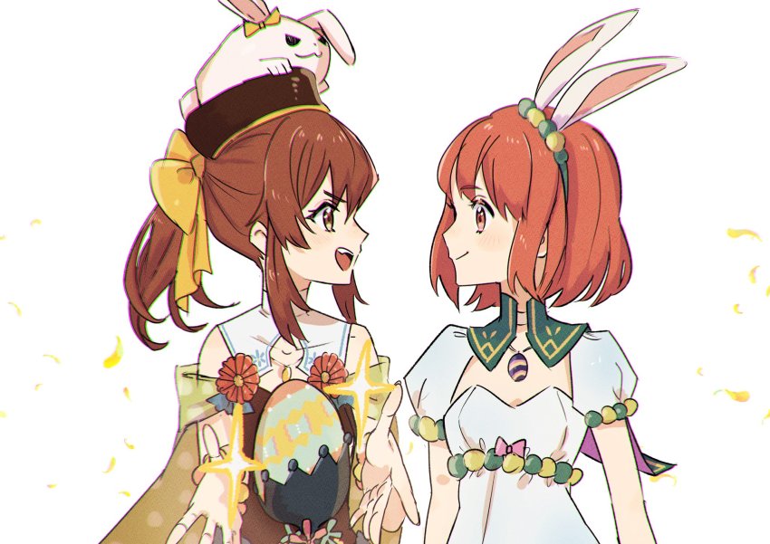 2girls animal_ears bow brown_eyes brown_hair delthea_(fire_emblem) delthea_(spring)_(fire_emblem) dress easter_egg egg fake_animal_ears fire_emblem fire_emblem:_mystery_of_the_emblem fire_emblem_echoes:_shadows_of_valentia fire_emblem_heroes hair_bow highres hoshigaki_(hsa16g) long_hair looking_at_another maria_(fire_emblem) maria_(spring)_(fire_emblem) multiple_girls nintendo official_alternate_costume ponytail rabbit_ears red_eyes red_hair short_hair smile upper_body white_background white_dress