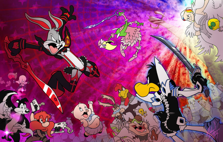 6+boys animal beard bird boots bugs_bunny rabbit cosplay crossover daffy_duck duck egghead_jr. elmer_fudd eyepatch facial_hair foghorn_leghorn gamagoori_ira glasses glowing granny_(looney_tunes) gun happy harime_nui hat high_heels inumuta_houka jacket jakuzure_nonon jumping junketsu katana kill_la_kill kinagase_tsumugu kiryuuin_ragyou kiryuuin_ragyou_(cosplay) kiryuuin_satsuki kiryuuin_satsuki_(cosplay) looney_tunes mankanshoku_mako mankanshoku_mako_(cosplay) matoi_ryuuko matoi_ryuuko_(cosplay) michael_mayne mikisugi_aikurou mikisugi_aikurou_(cosplay) multiple_boys multiple_girls mustache naked_shirt nudist_beach_uniform open_mouth parody pepe_le_pew pig porky_pig sanageyama_uzu school_uniform scissor_blade_(kill_la_kill) senketsu serafuku serious shirt skirt skunk suspenders sword tasmanian_devil the_tasmanian_devil thigh_boots thighhighs tweety_bird warner_bros. weapon what wile_e_coyote yosemite_sam yoyo_dodo