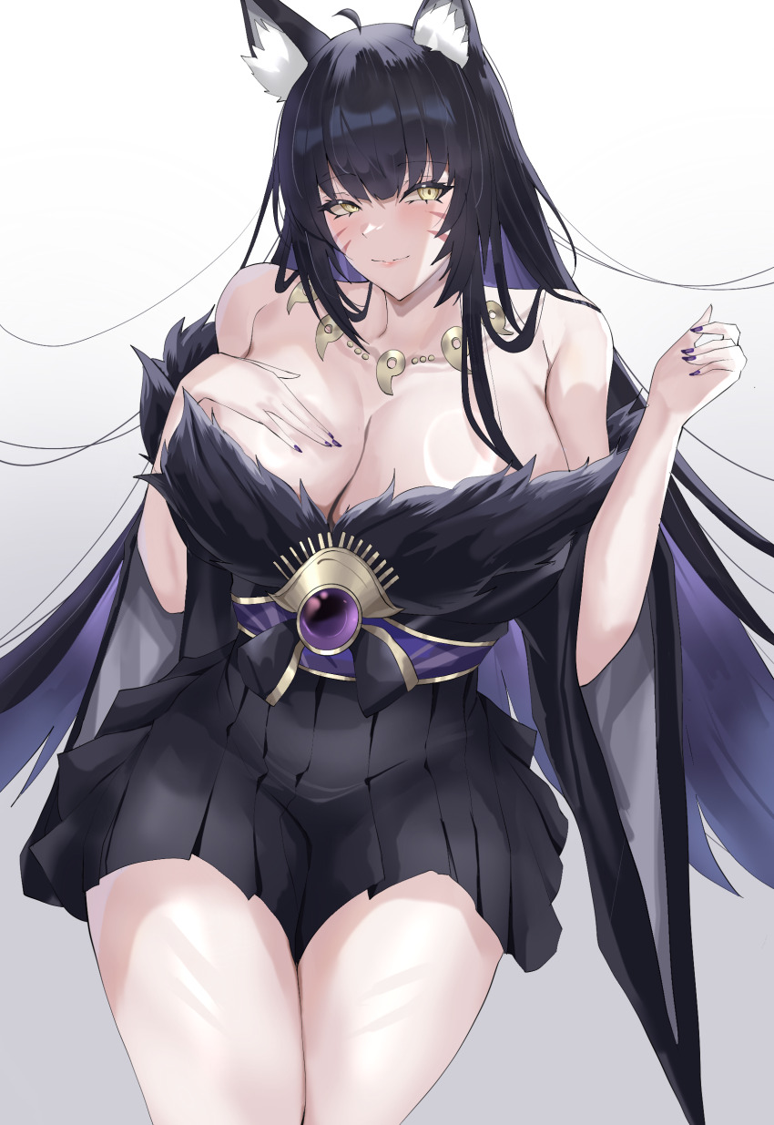 1girl absurdres animal_ear_fluff animal_ears azur_lane bare_shoulders black_hair black_kimono breasts cleavage facial_mark fox_ears fox_girl fox_tail fur-trimmed_kimono fur_trim gem hand_on_own_chest highres huge_breasts japanese_clothes jewelry kimono kitsune kuro_artis_(kuru-kuru) kyuubi long_hair looking_at_viewer low_neckline magatama magatama_necklace multiple_tails musashi_(azur_lane) necklace purple_gemstone purple_hair skirt_under_kimono tail very_long_hair whisker_markings yellow_eyes